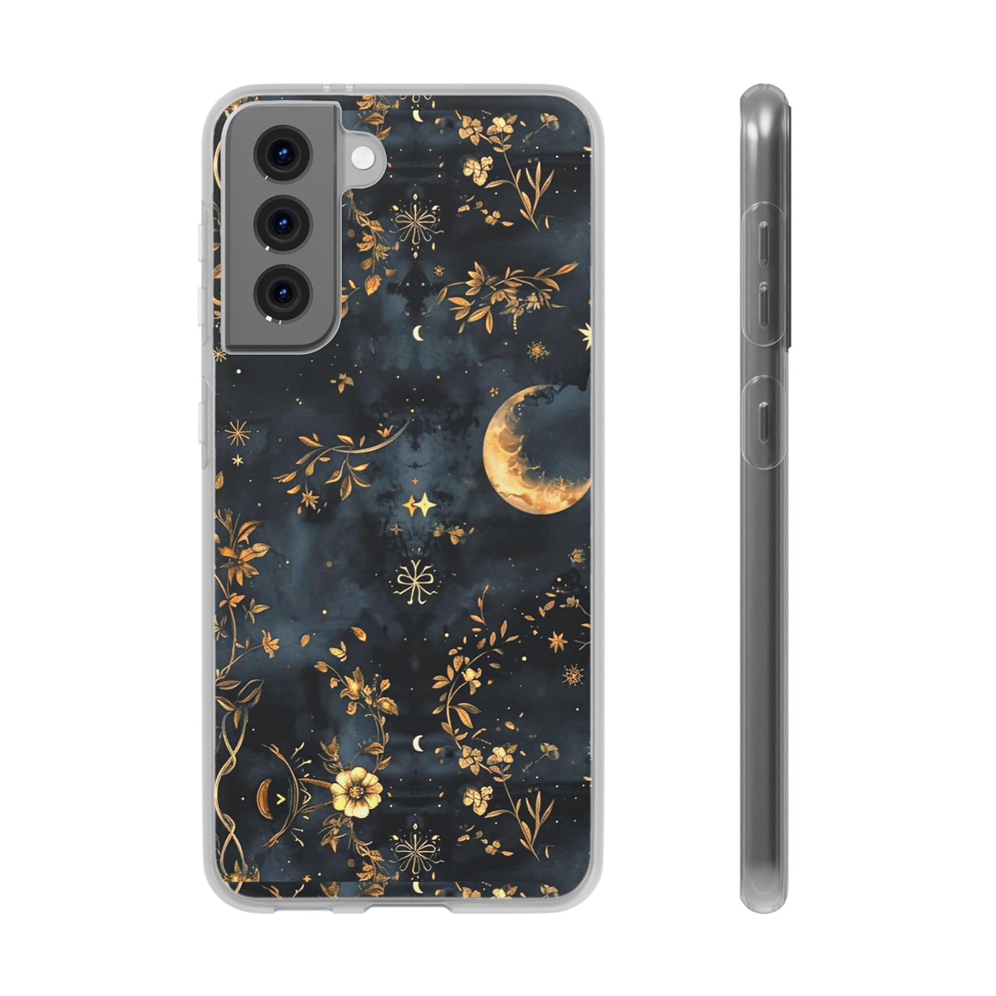 Moon And Flowers On Navy TPU Flexi Cases For iPhones and Samsung Galaxy
