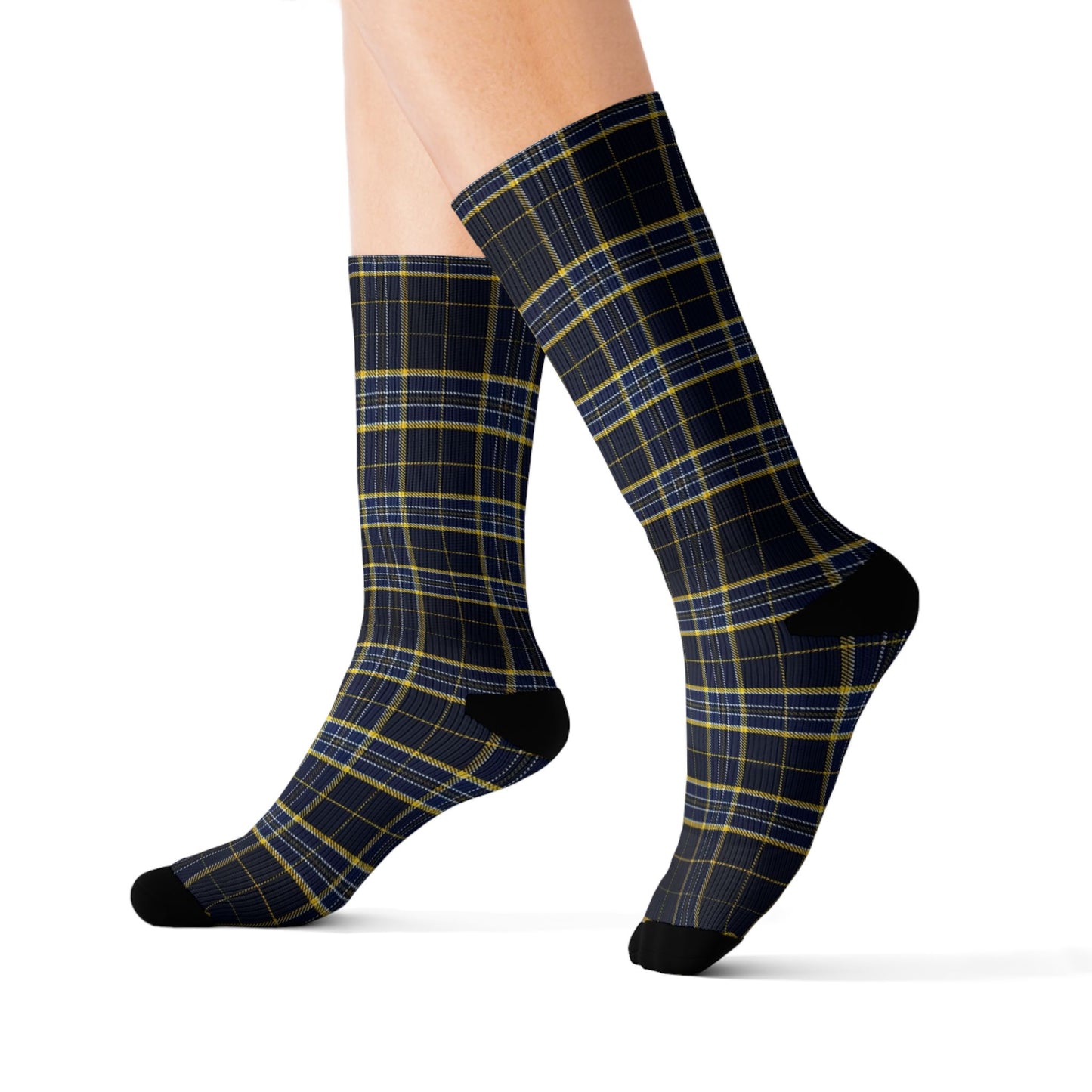 Navy Yellow Plaid Sublimation Socks | Tartan Pattern Crew Socks
