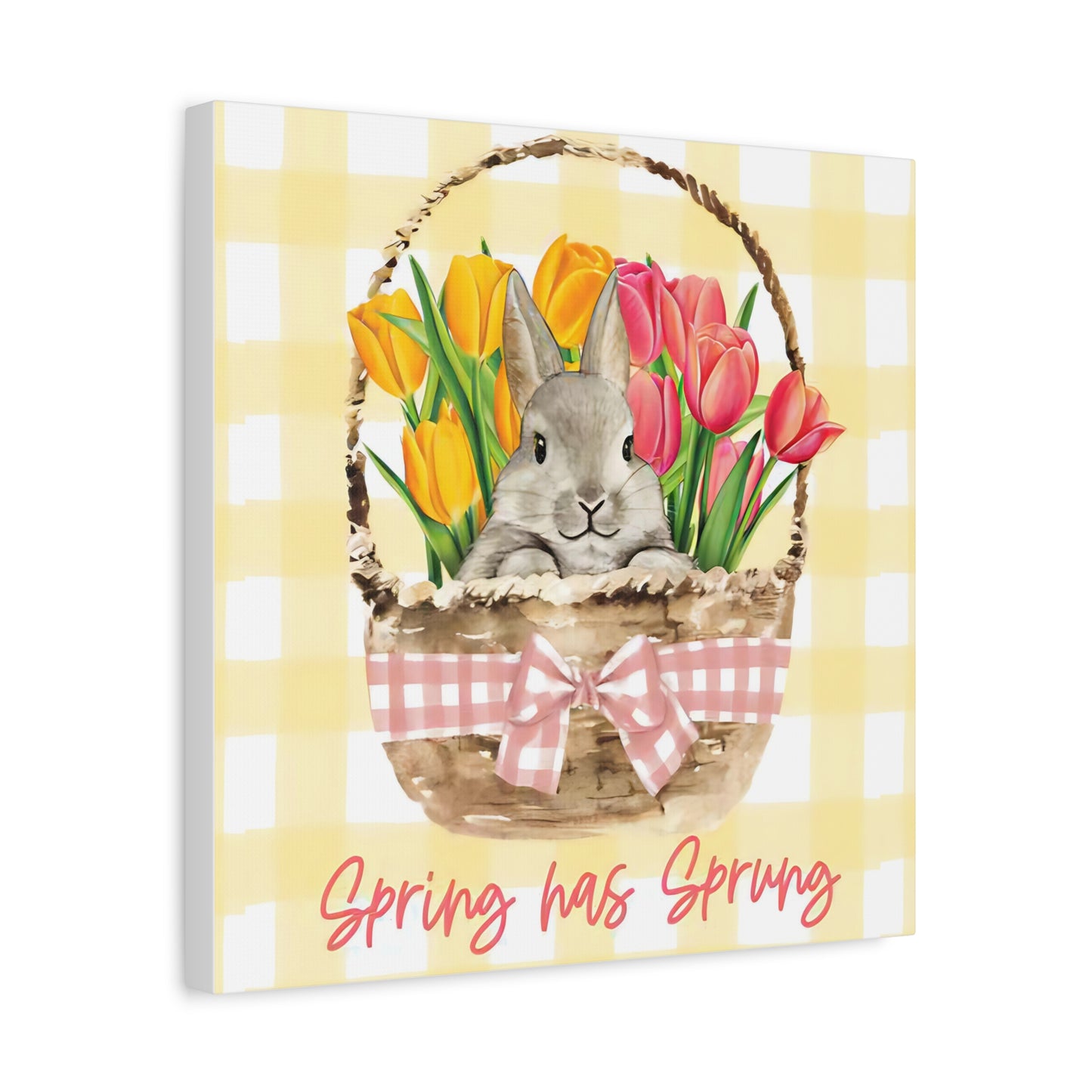 Spring Has Sprung Canvas Print, Yellow Plaid Pattern Bunny Print