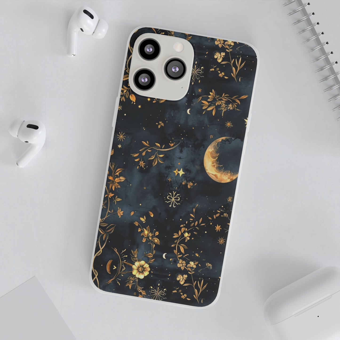 Moon And Flowers On Navy TPU Flexi Cases For iPhones and Samsung Galaxy