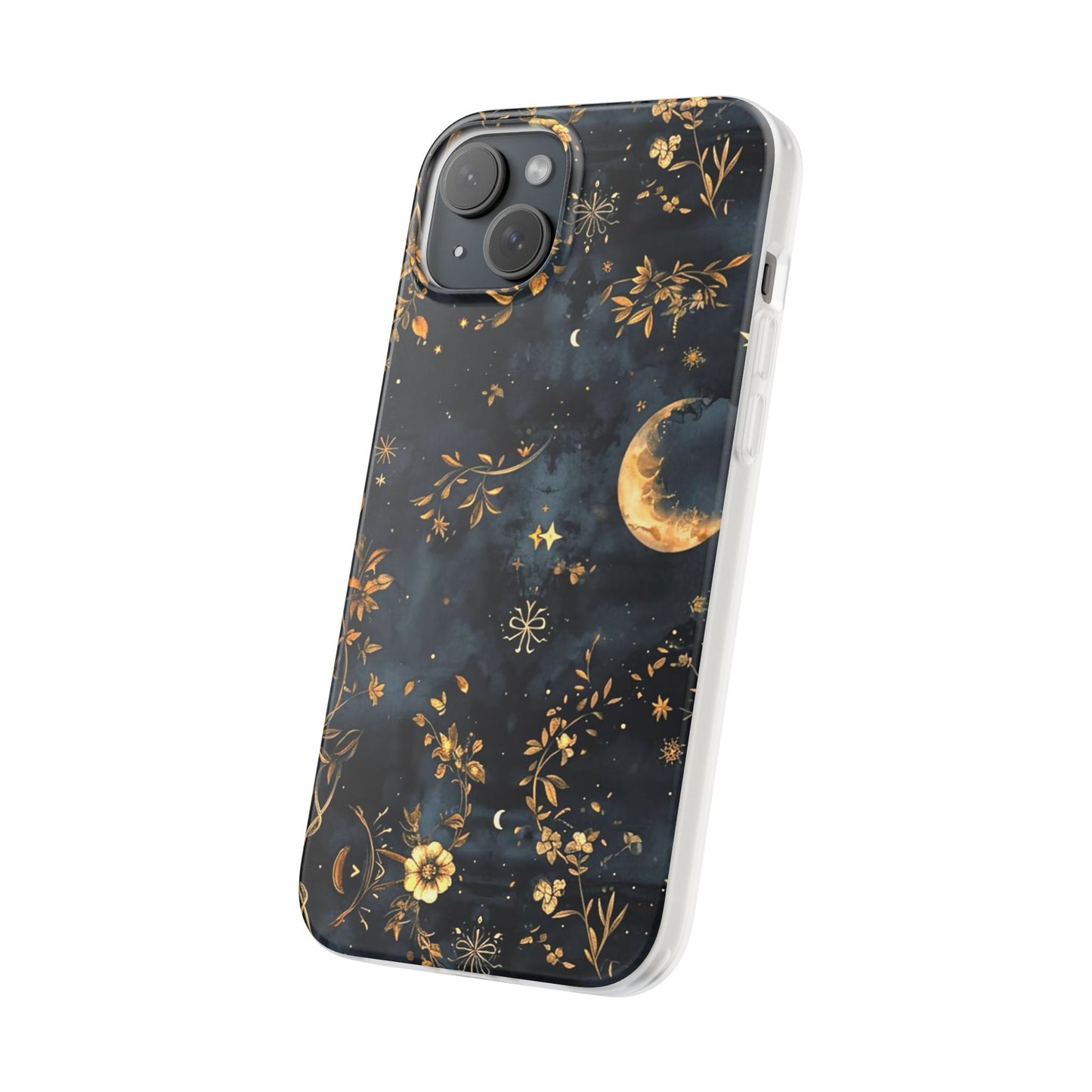 Moon And Flowers On Navy TPU Flexi Cases For iPhones and Samsung Galaxy