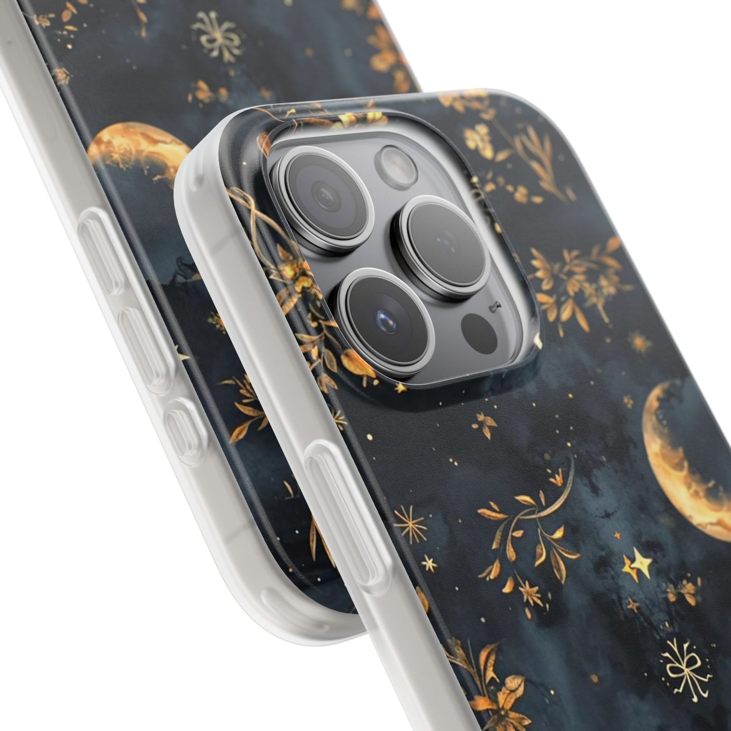 Moon And Flowers On Navy TPU Flexi Cases For iPhones and Samsung Galaxy