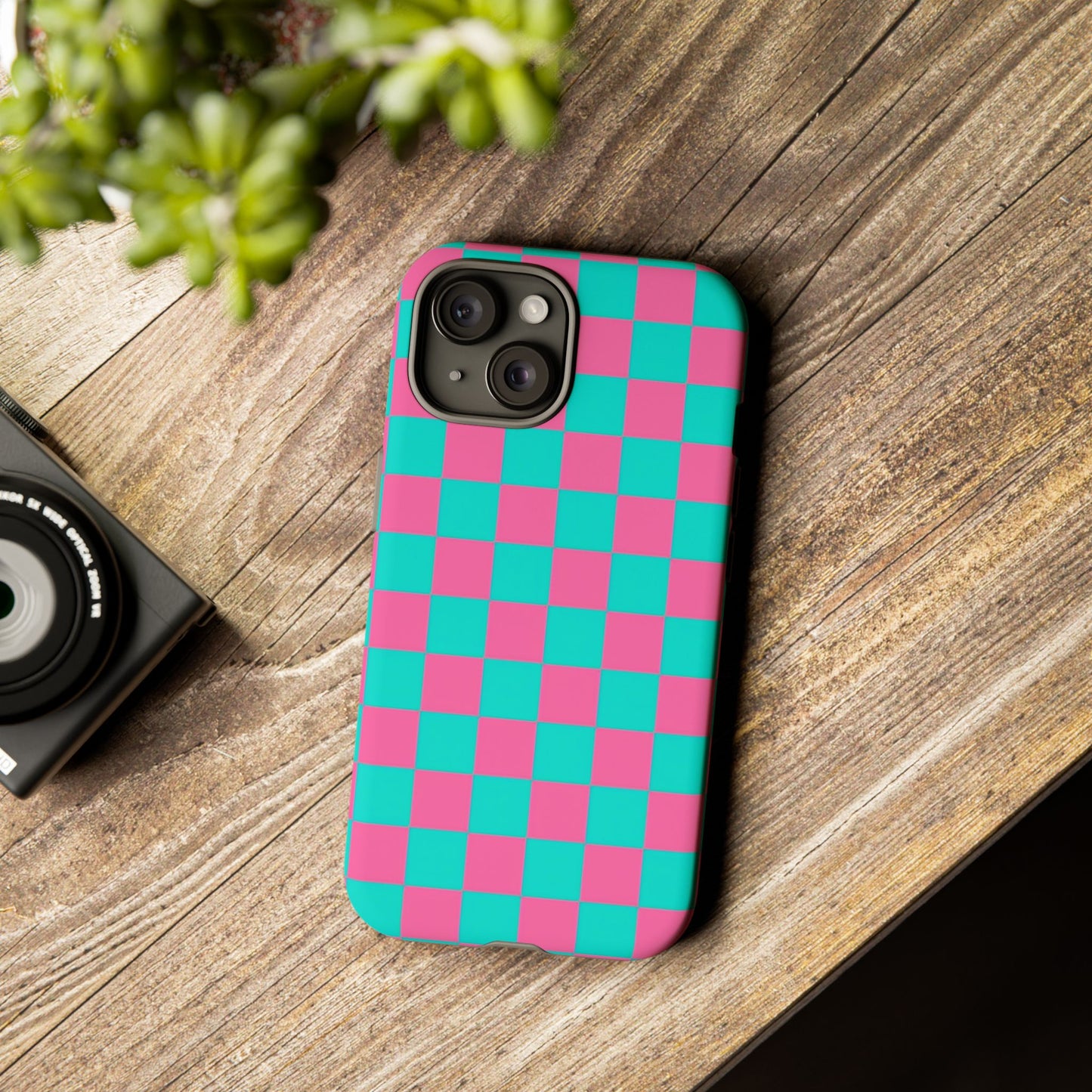 Hot Pink And Teal Checker Pattern Tough Case for iPhone, Galaxy Phones and Google Pixel