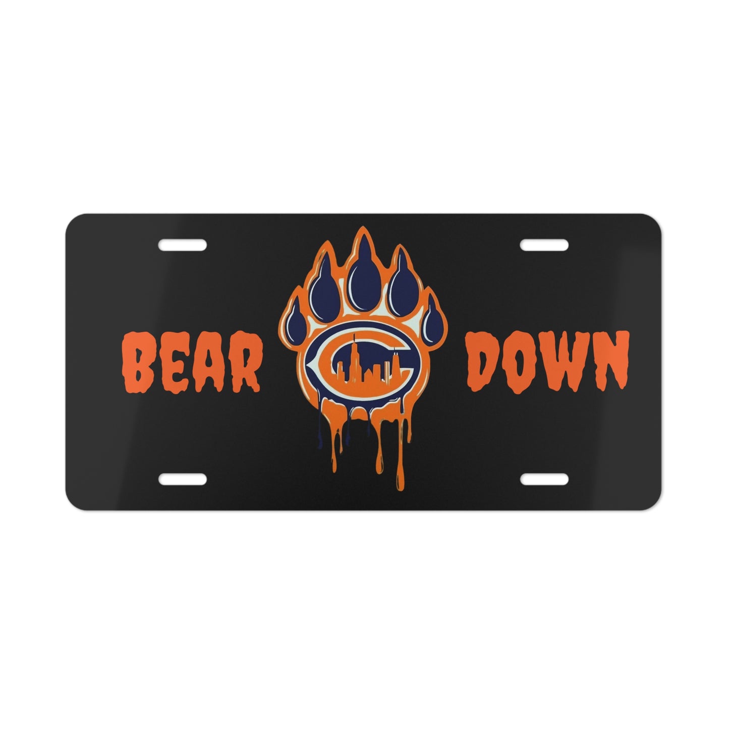 Black Chicago "Bear Down" Front Vanity License Plate,  Bear Claw Art