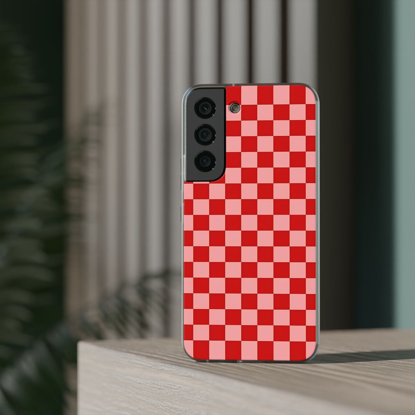 Red Checkerboard TPU Soft Flexi Phone Case — Retro Red & Pink Plaid Protective Cover
