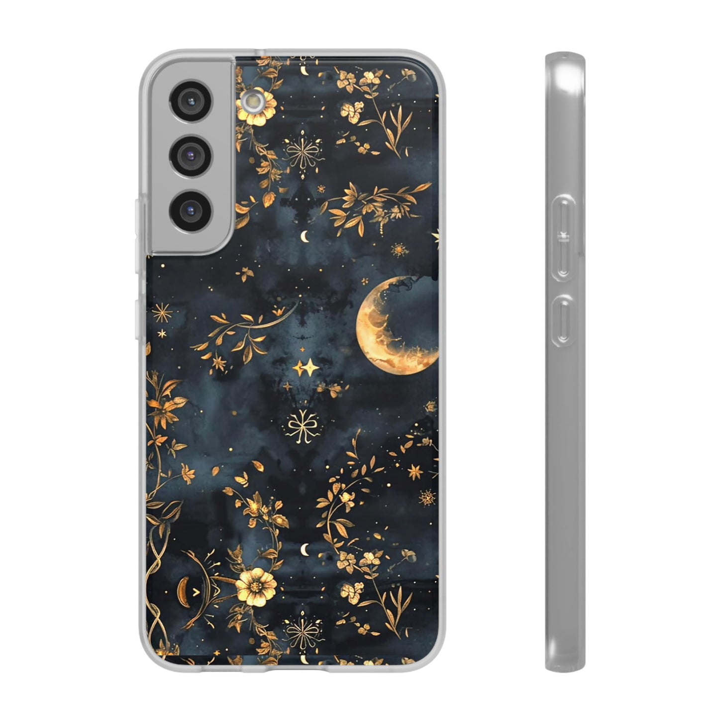 Moon And Flowers On Navy TPU Flexi Cases For iPhones and Samsung Galaxy
