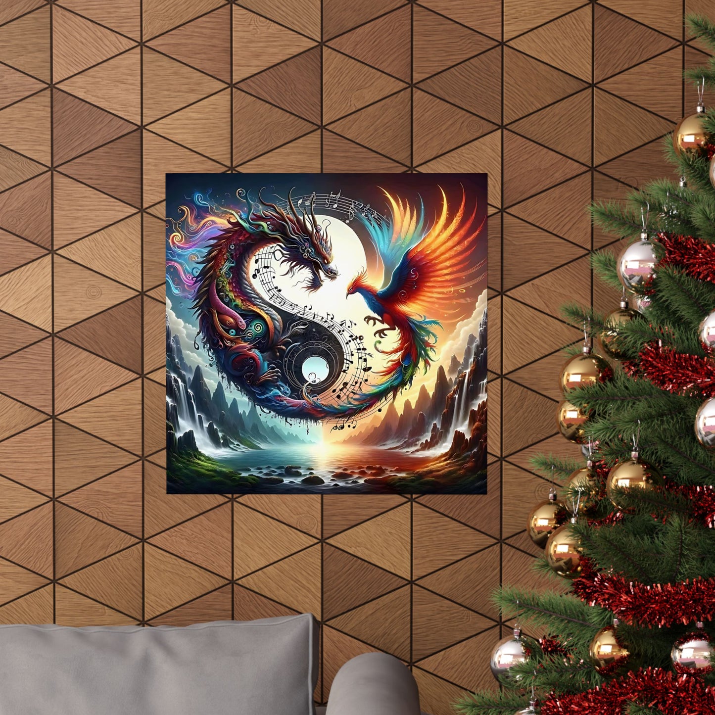 Dragon And Phoenix Ying And Yang Matte Vertical Posters Music Notes Design