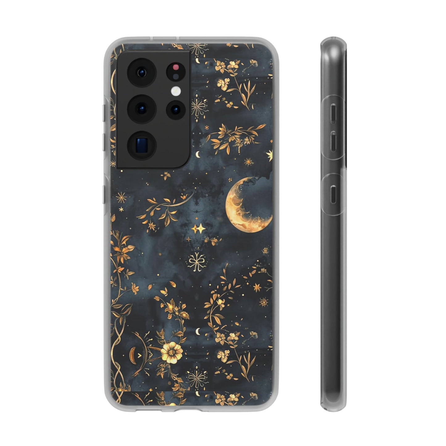 Moon And Flowers On Navy TPU Flexi Cases For iPhones and Samsung Galaxy