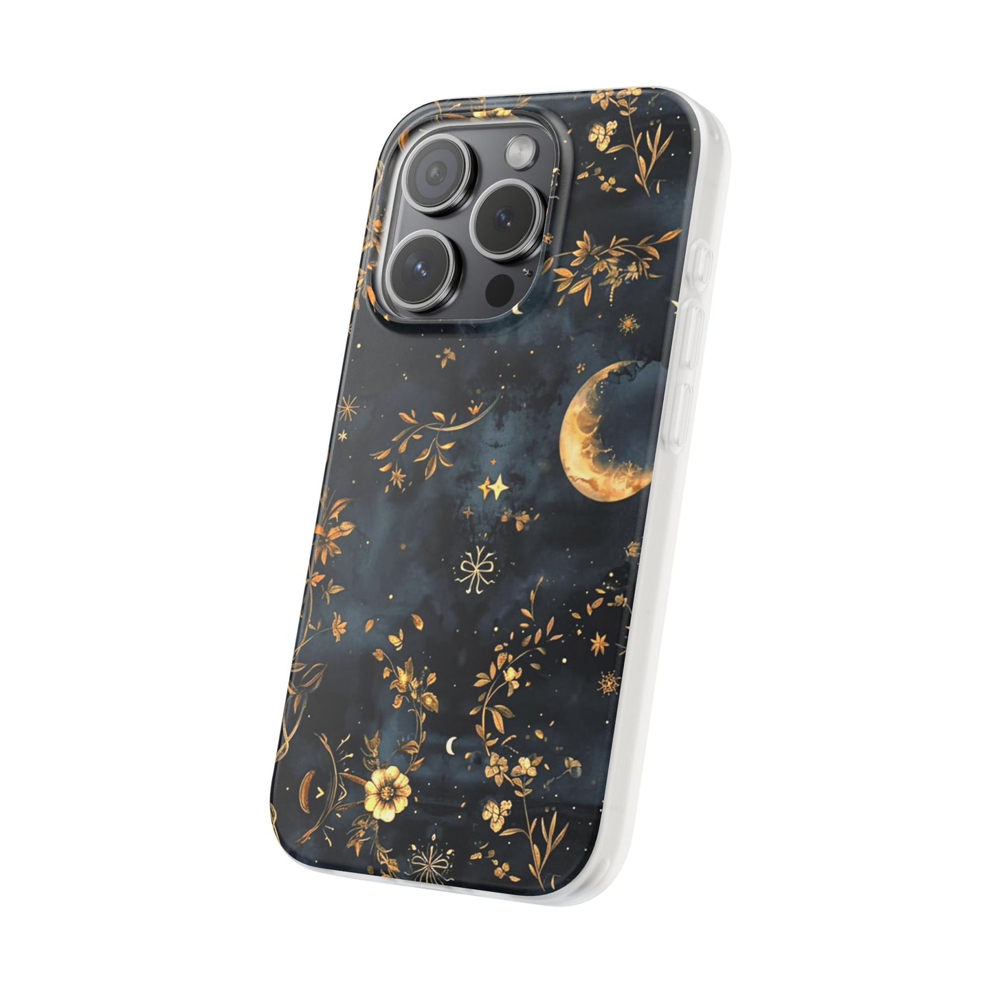 Moon And Flowers On Navy TPU Flexi Cases For iPhones and Samsung Galaxy
