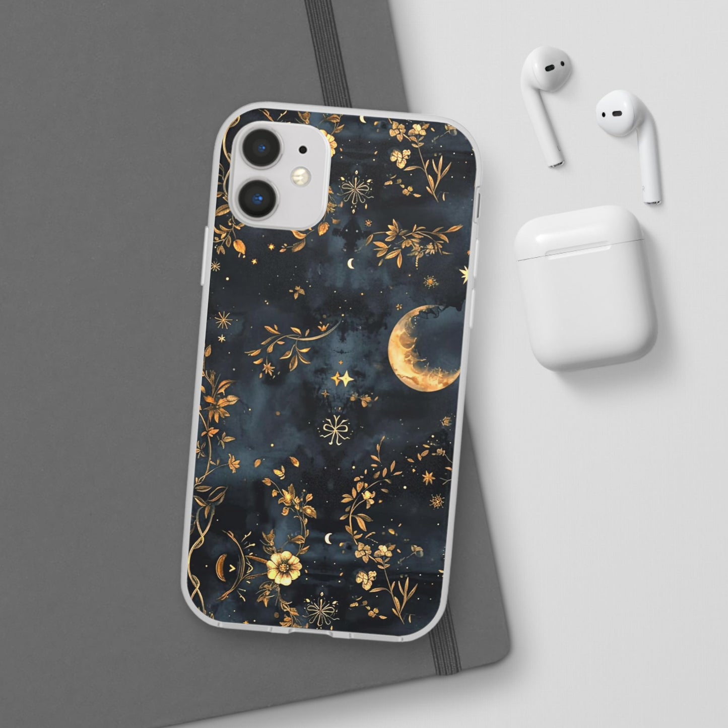 Moon And Flowers On Navy TPU Flexi Cases For iPhones and Samsung Galaxy