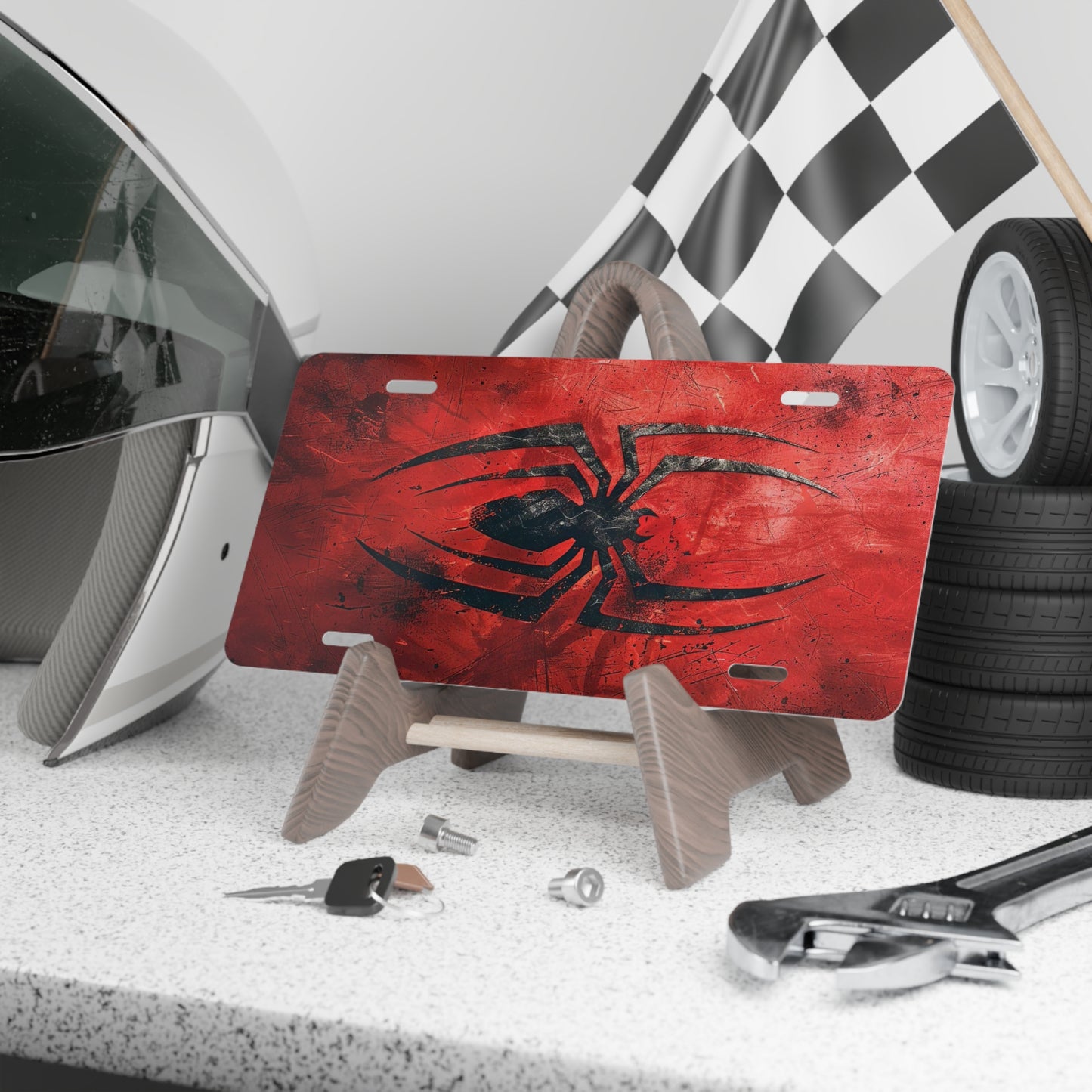 Black Spider Front Vanity License Plate Red Background