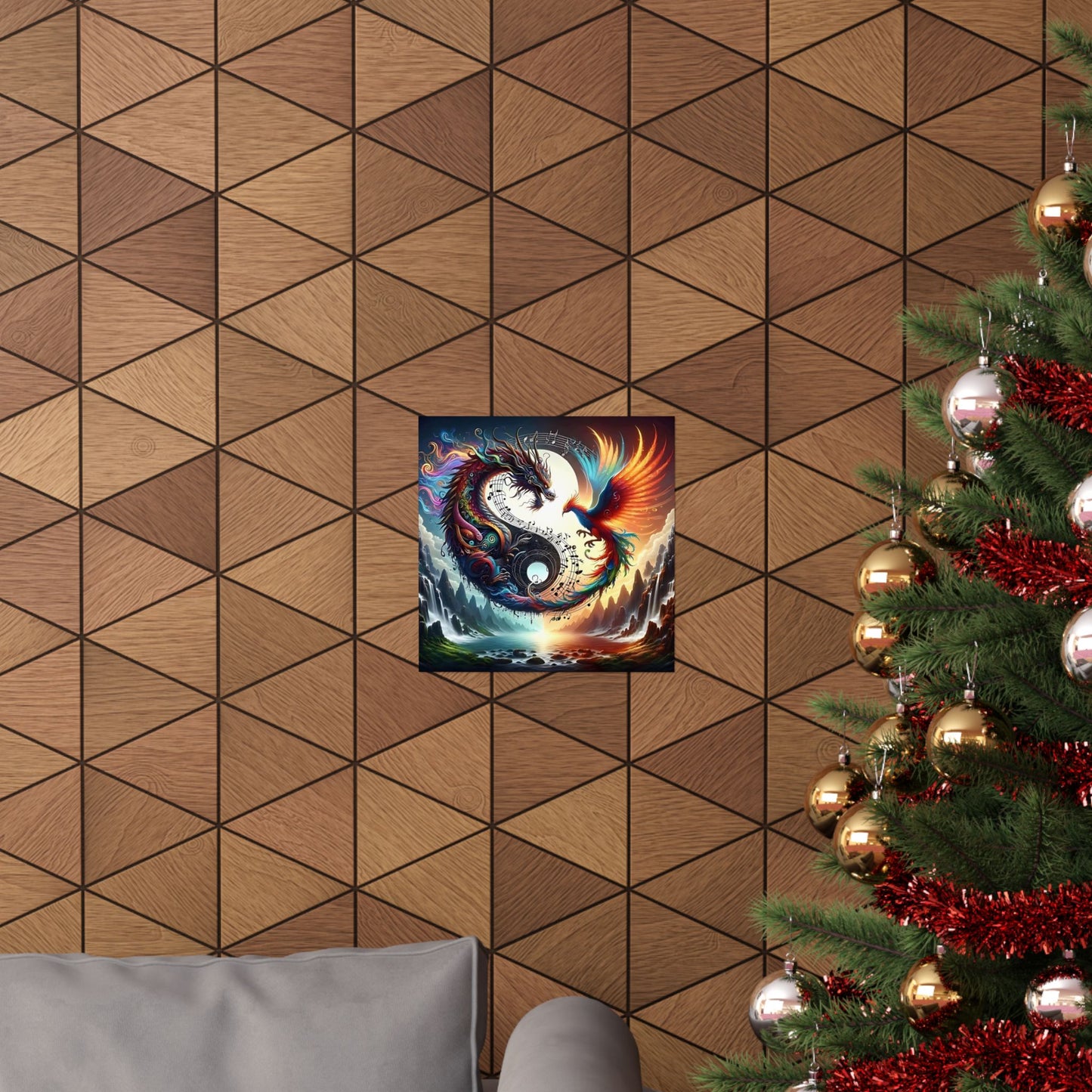 Dragon And Phoenix Ying And Yang Matte Vertical Posters Music Notes Design