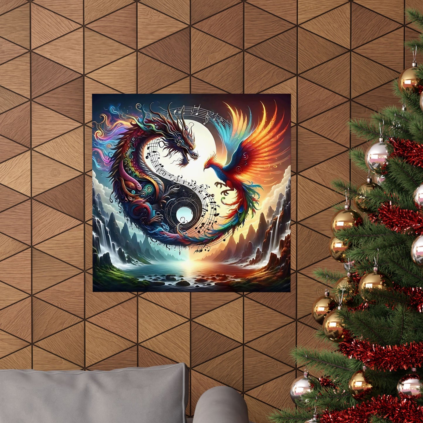 Dragon And Phoenix Ying And Yang Matte Vertical Posters Music Notes Design