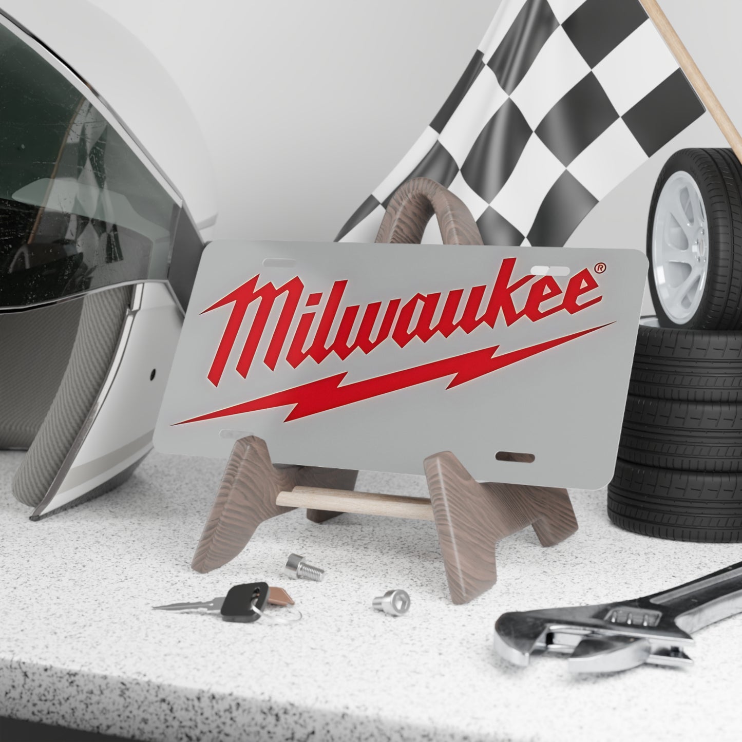 Gray Milwaukee Tools Vanity Front License Plate