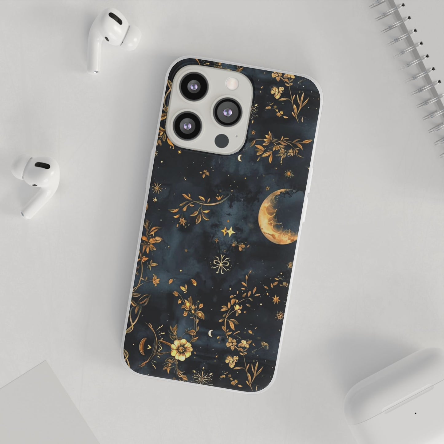 Moon And Flowers On Navy TPU Flexi Cases For iPhones and Samsung Galaxy