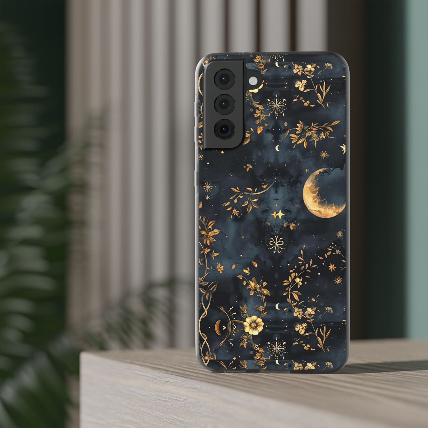 Moon And Flowers On Navy TPU Flexi Cases For iPhones and Samsung Galaxy