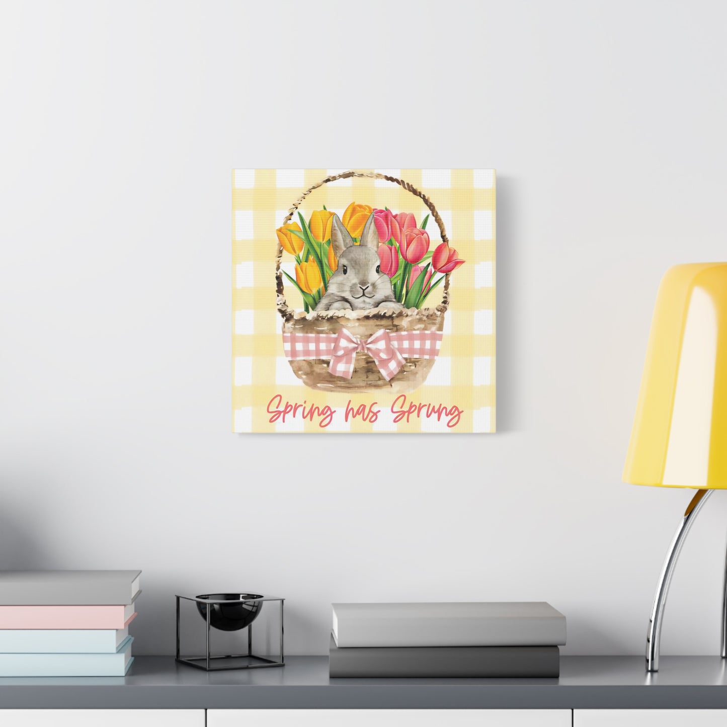 Spring Has Sprung Canvas Print, Yellow Plaid Pattern Bunny Print