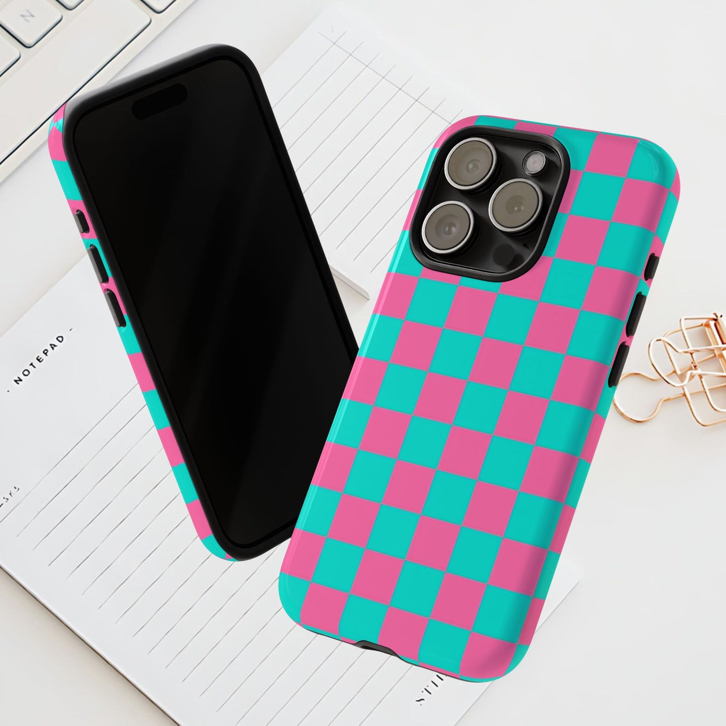 Hot Pink And Teal Checker Pattern Tough Case for iPhone, Galaxy Phones and Google Pixel