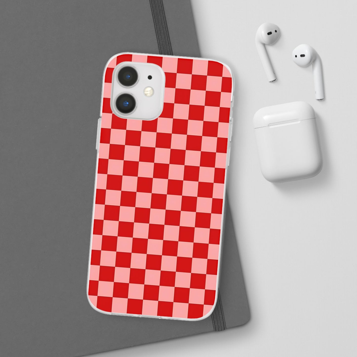 Red Checkerboard TPU Soft Flexi Phone Case — Retro Red & Pink Plaid Protective Cover