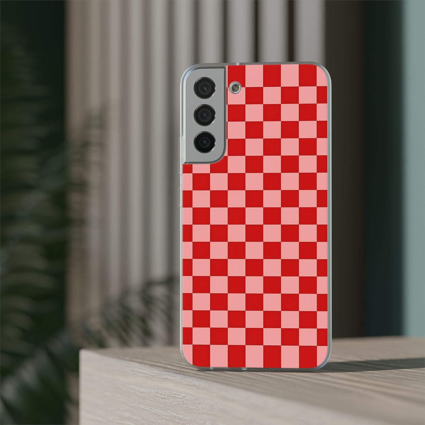 Red Checkerboard TPU Soft Flexi Phone Case — Retro Red & Pink Plaid Protective Cover