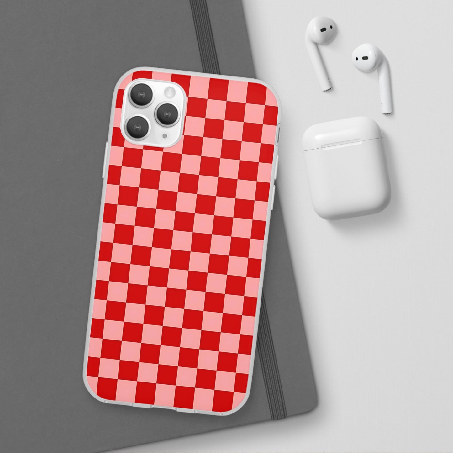 Red Checkerboard TPU Soft Flexi Phone Case — Retro Red & Pink Plaid Protective Cover