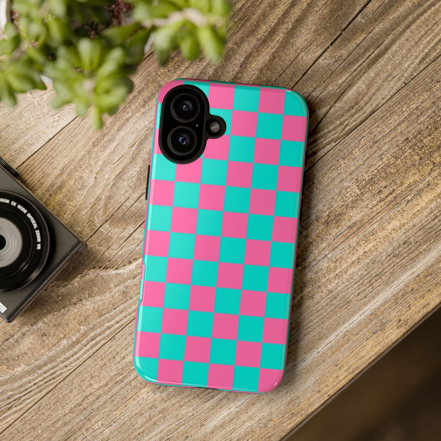 Hot Pink And Teal Checker Pattern Tough Case for iPhone, Galaxy Phones and Google Pixel
