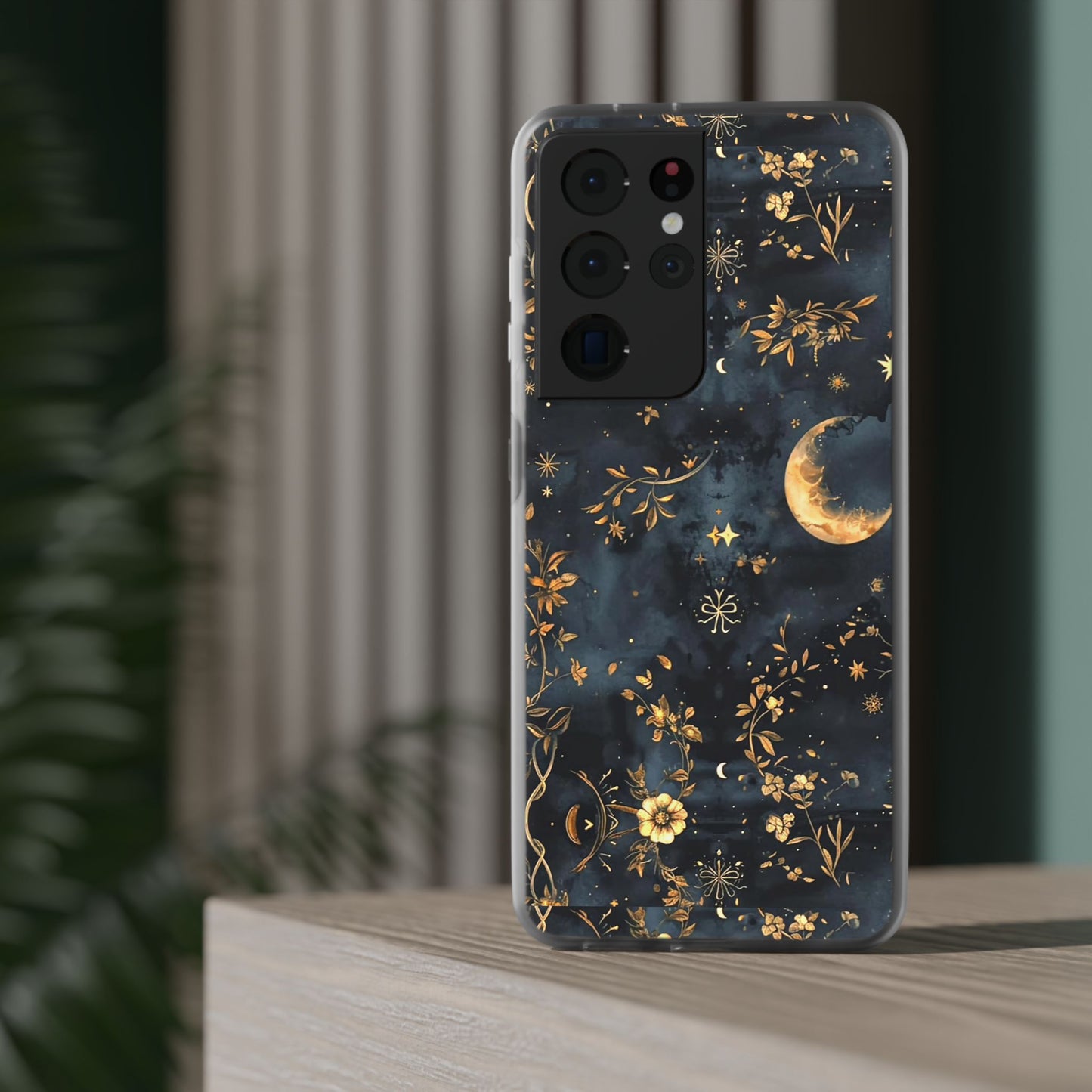 Moon And Flowers On Navy TPU Flexi Cases For iPhones and Samsung Galaxy