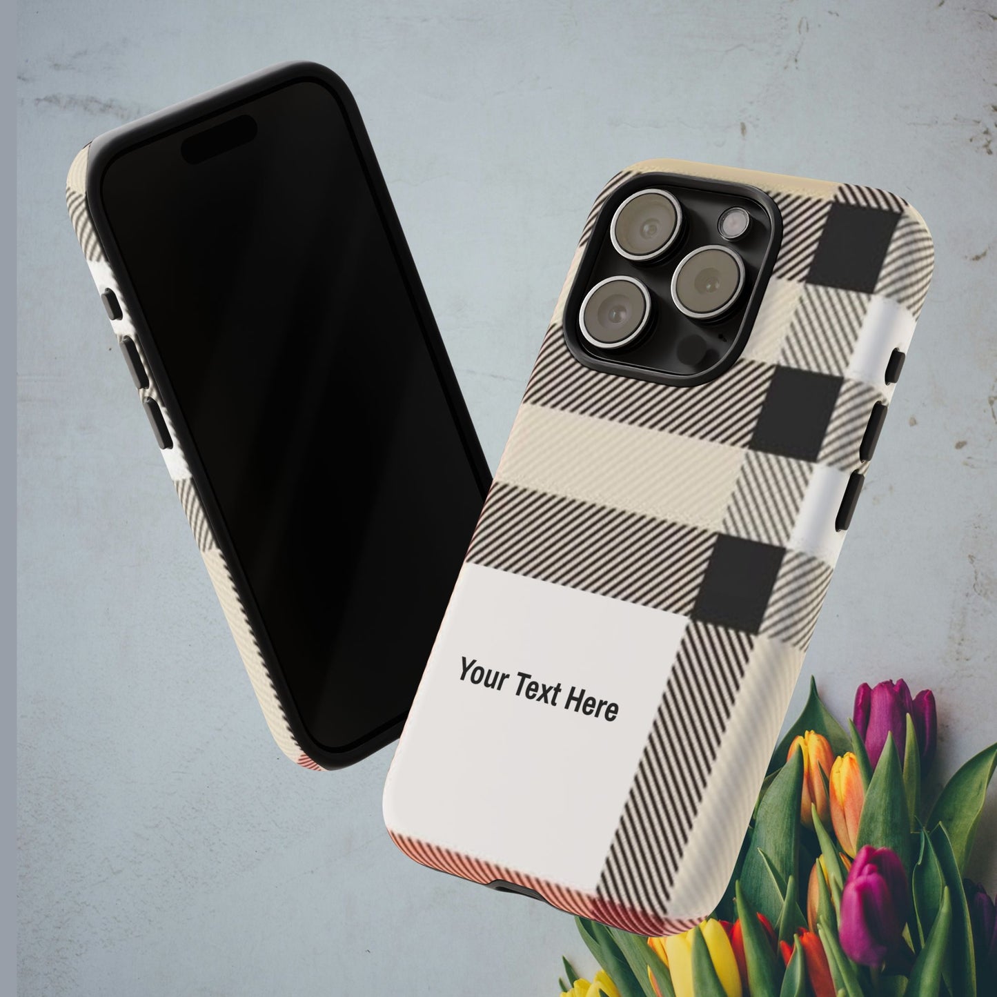 Beige Plaid Personalized Name/Initial Tough Cases For iPhones, Galaxy And Google Pixel