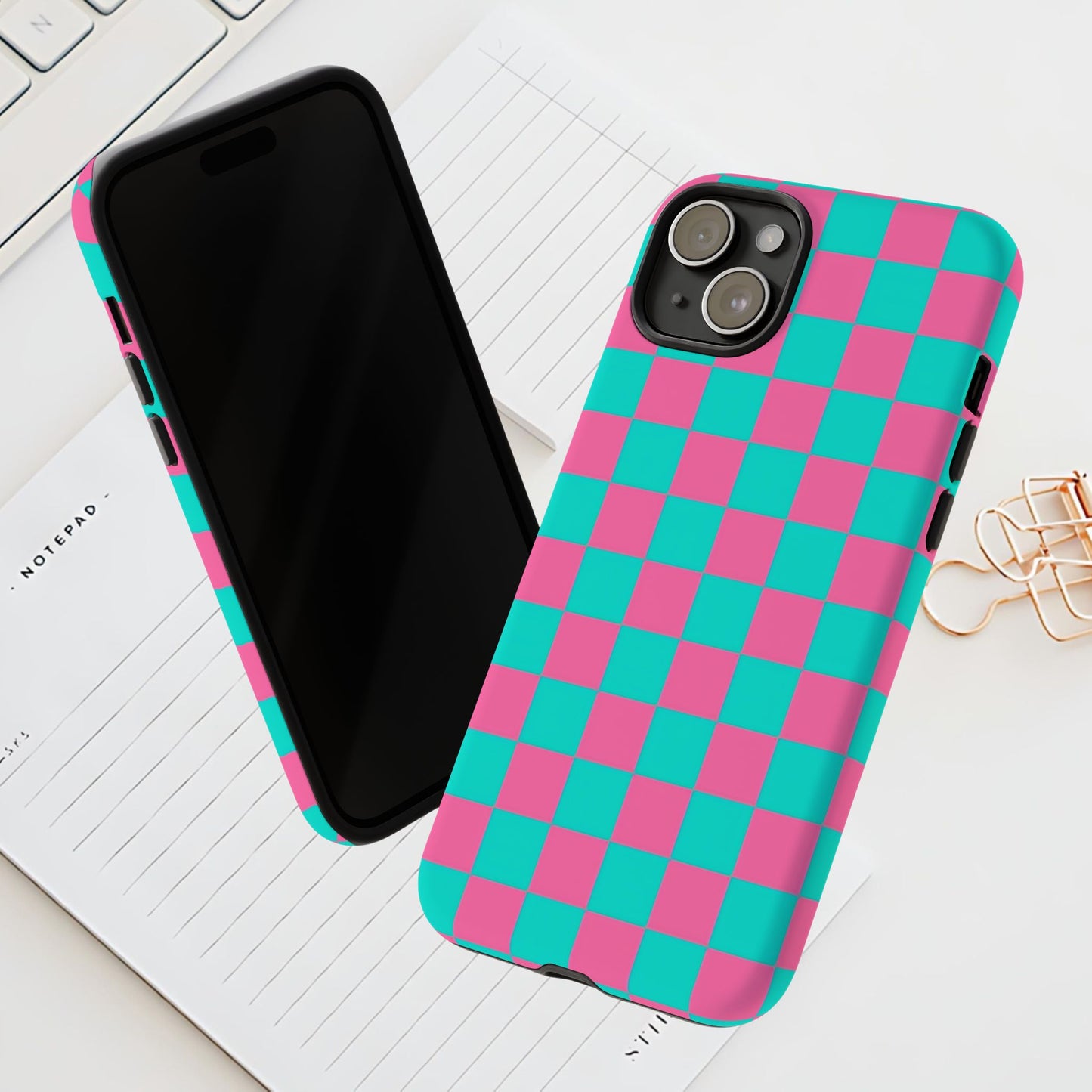 Hot Pink And Teal Checker Pattern Tough Case for iPhone, Galaxy Phones and Google Pixel