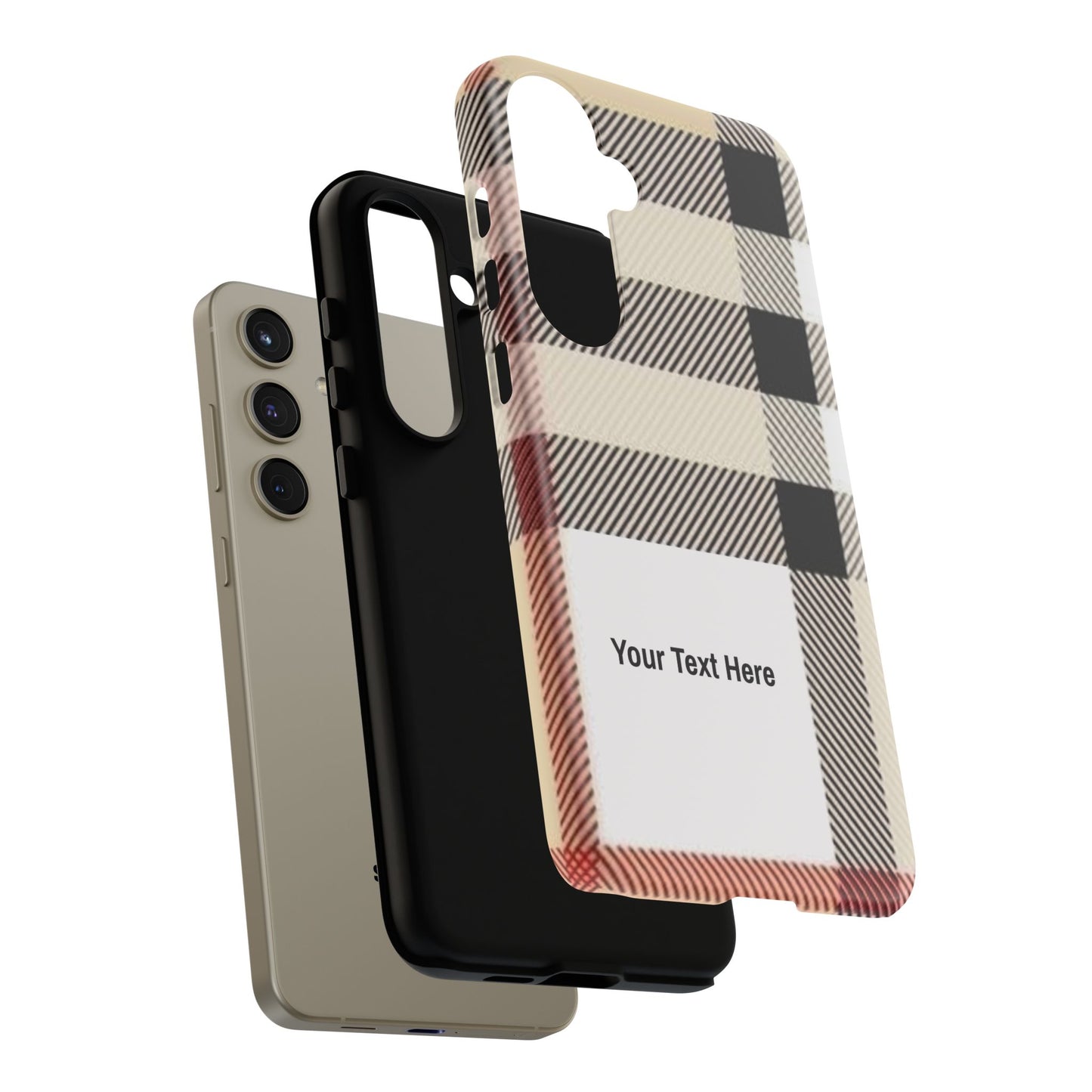 Beige Plaid Personalized Name/Initial Tough Cases For iPhones, Galaxy And Google Pixel