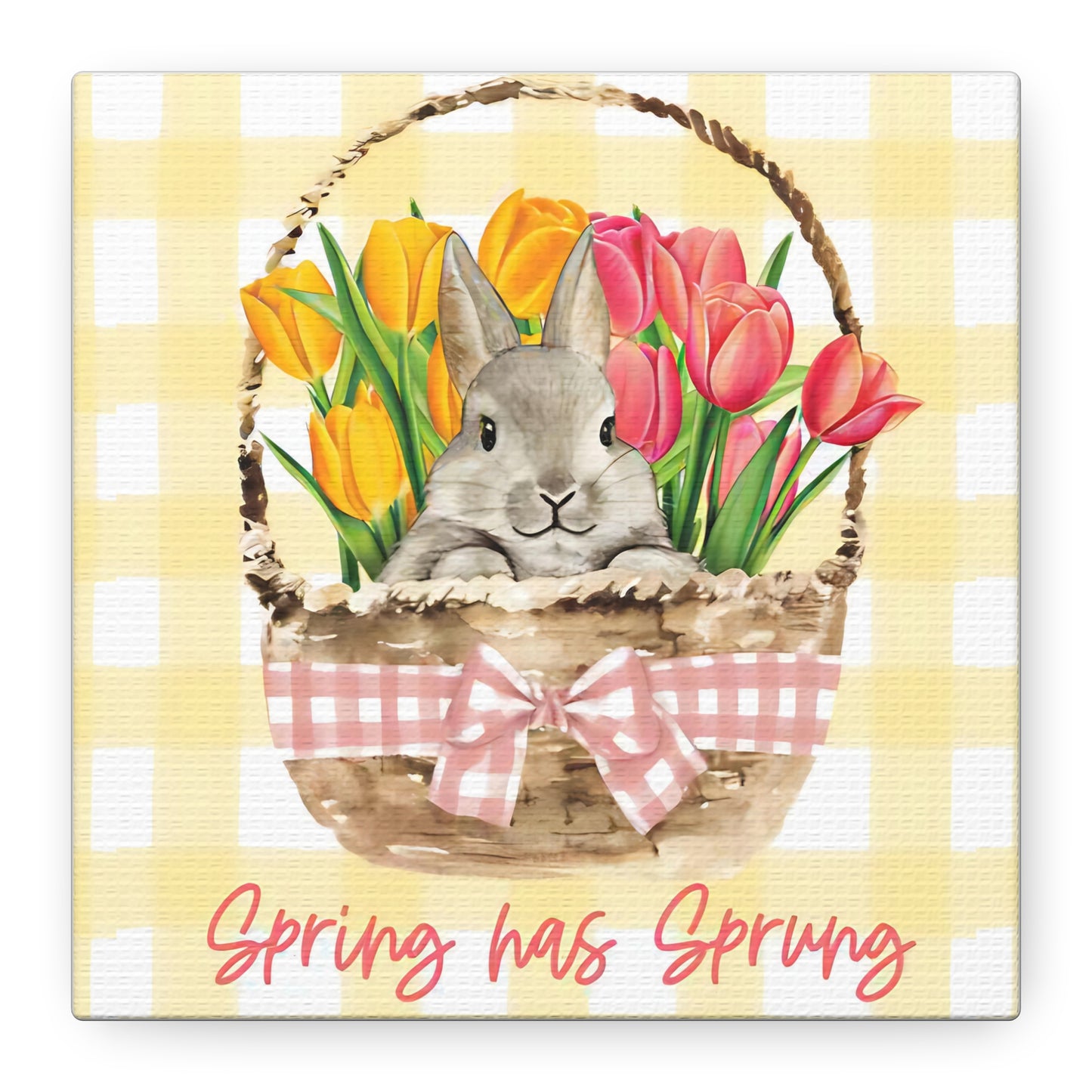 Spring Has Sprung Canvas Print, Yellow Plaid Pattern Bunny Print