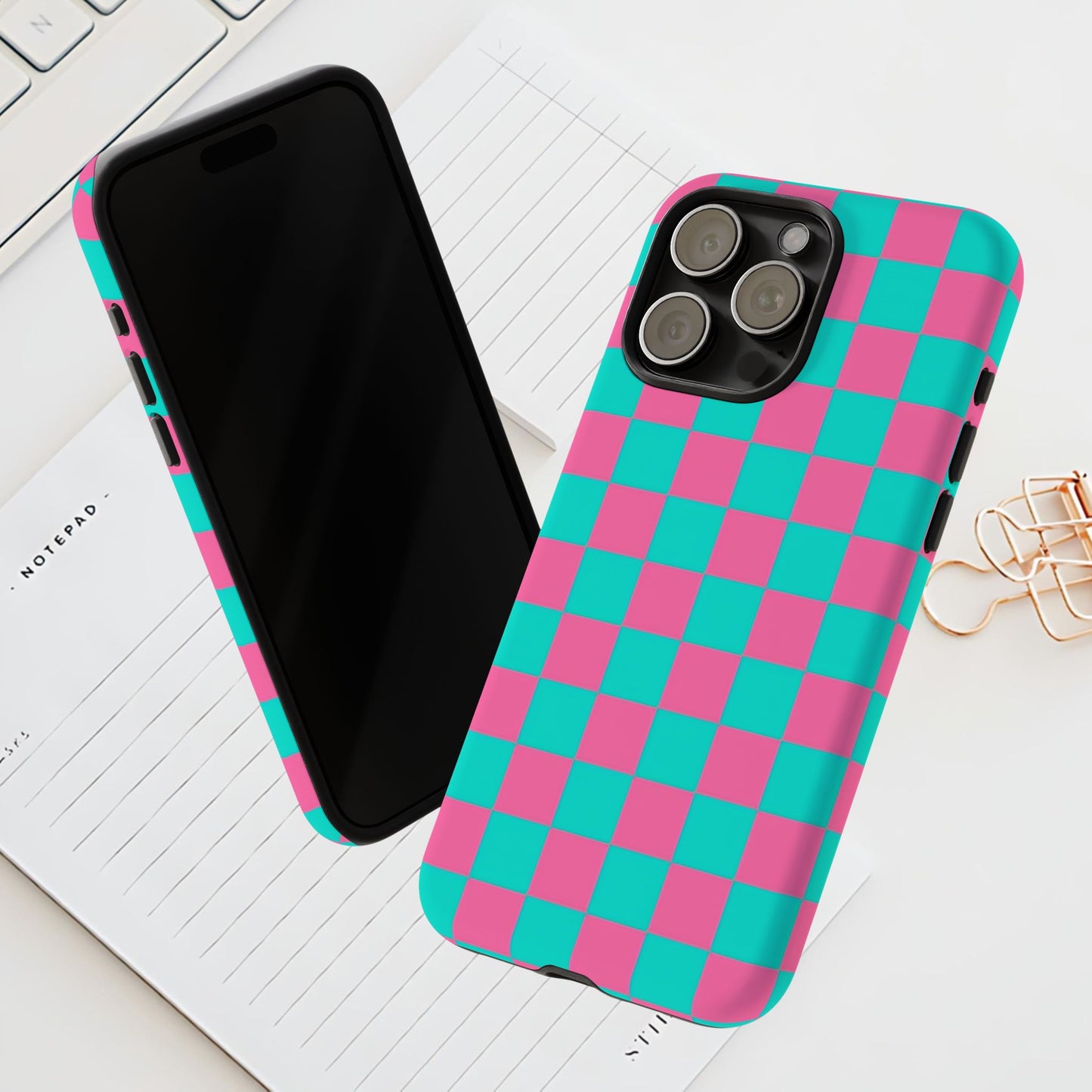 Hot Pink And Teal Checker Pattern Tough Case for iPhone, Galaxy Phones and Google Pixel