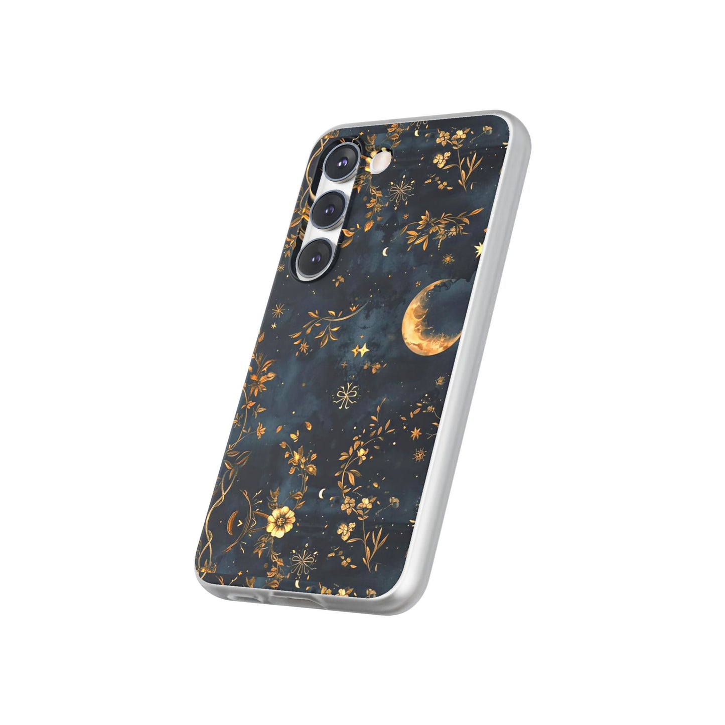 Moon And Flowers On Navy TPU Flexi Cases For iPhones and Samsung Galaxy
