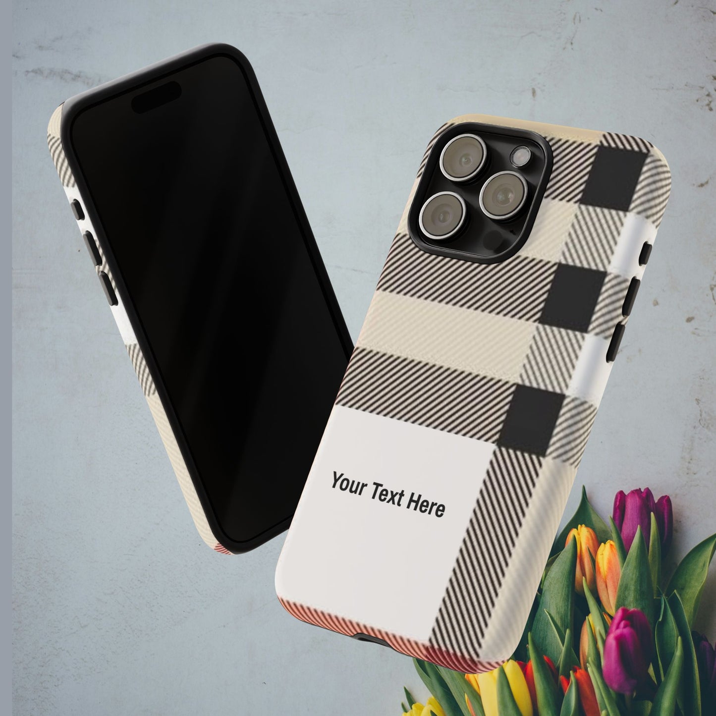 Beige Plaid Personalized Name/Initial Tough Cases For iPhones, Galaxy And Google Pixel