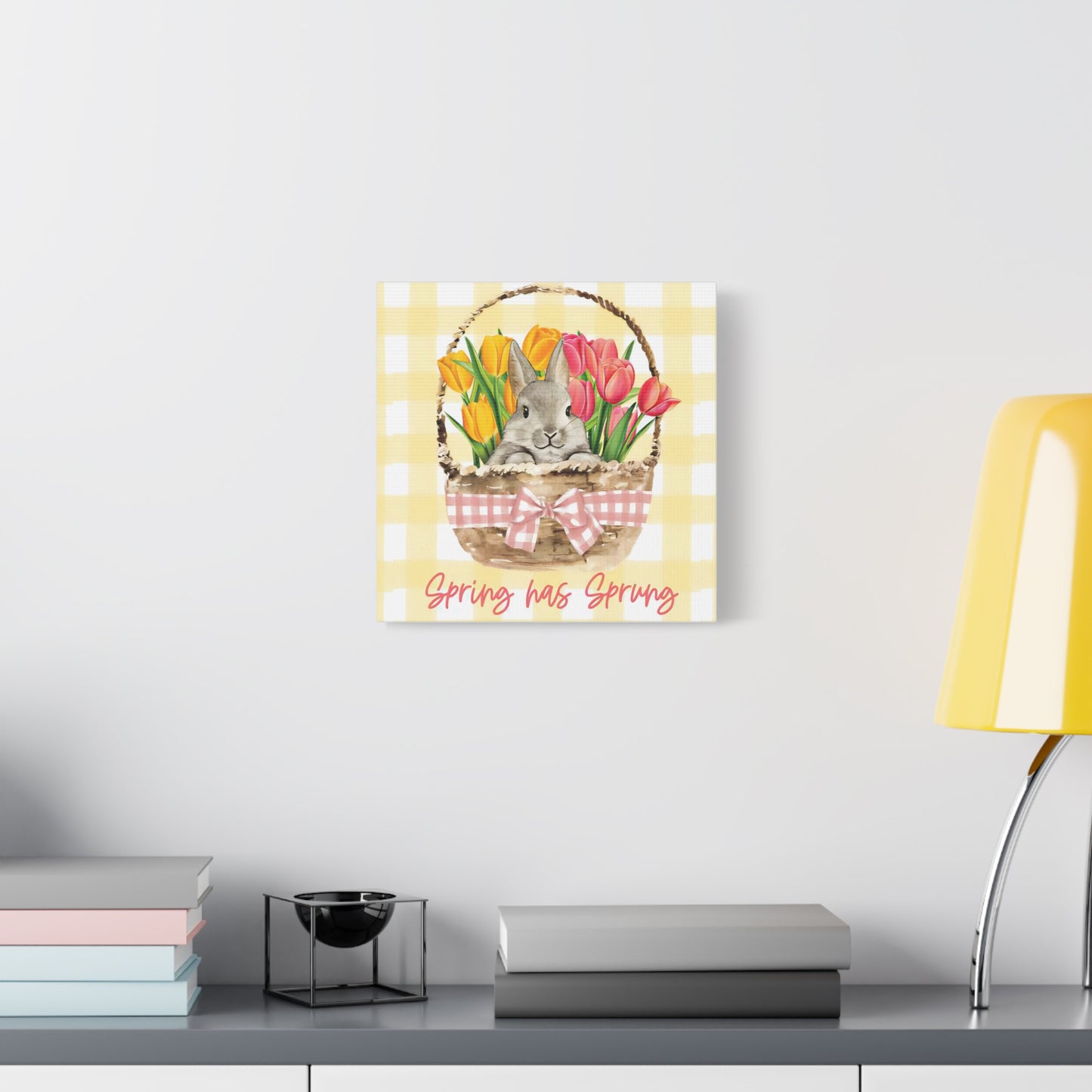 Spring Has Sprung Canvas Print, Yellow Plaid Pattern Bunny Print