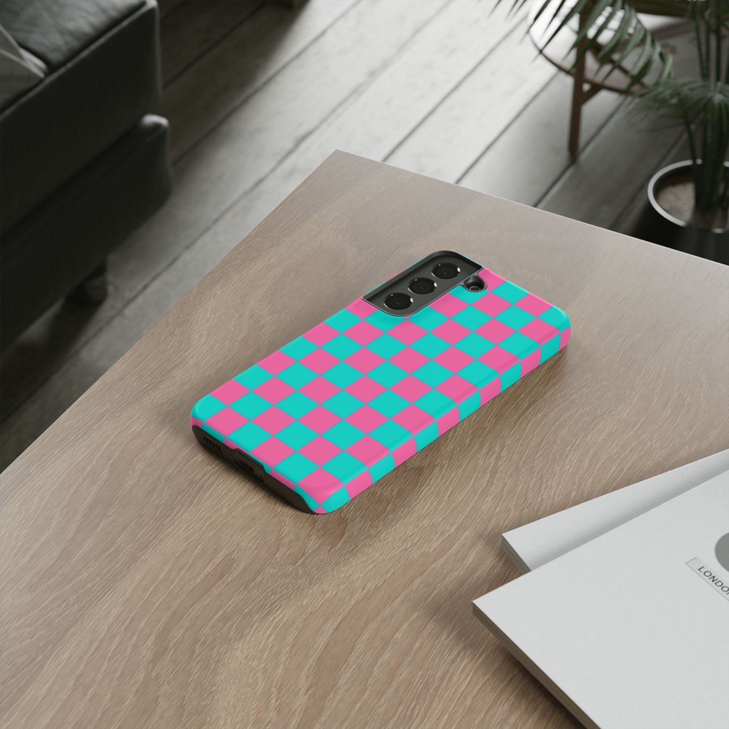 Hot Pink And Teal Checker Pattern Tough Case for iPhone, Galaxy Phones and Google Pixel