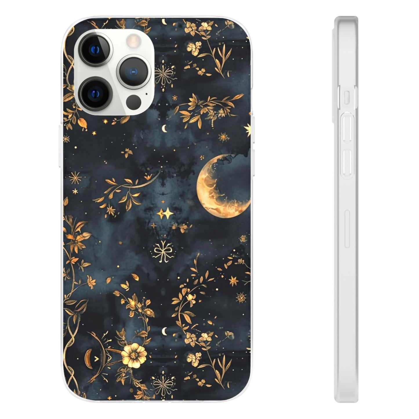 Moon And Flowers On Navy TPU Flexi Cases For iPhones and Samsung Galaxy