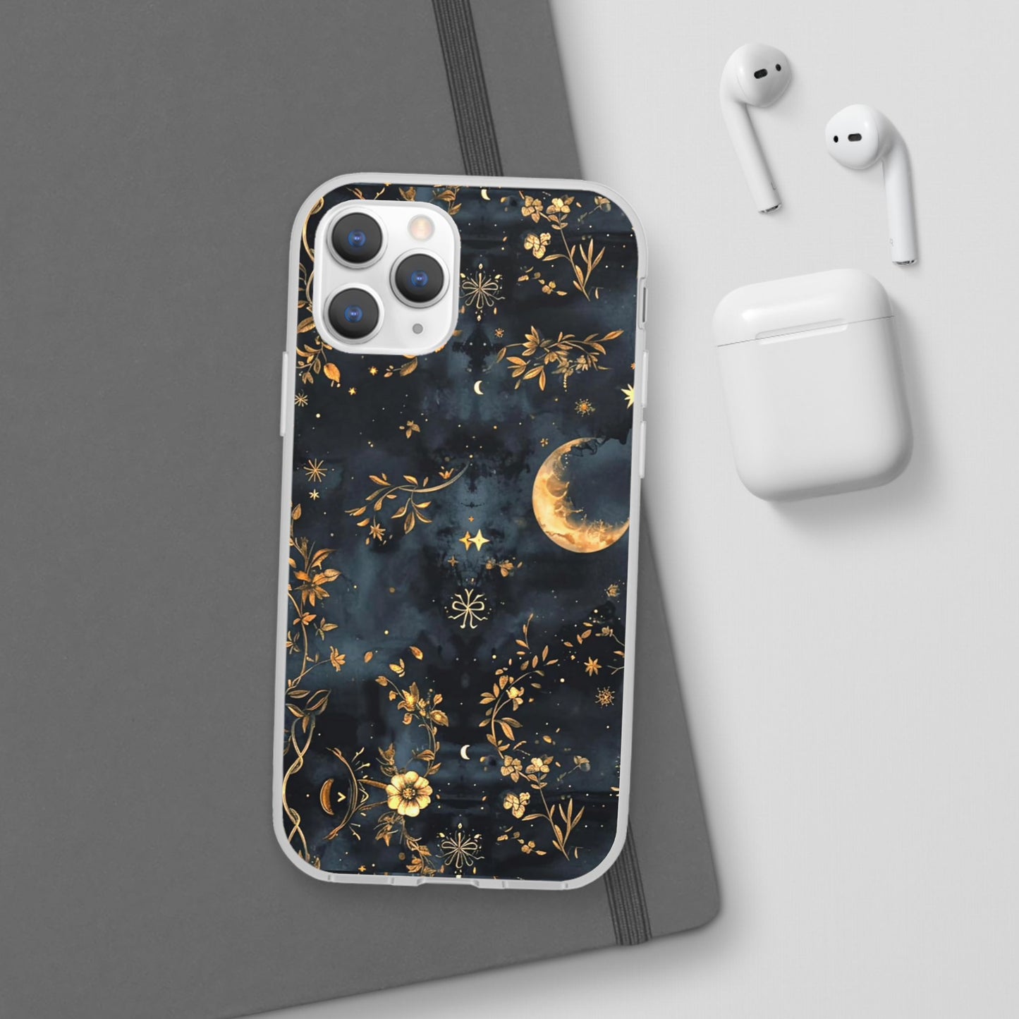 Moon And Flowers On Navy TPU Flexi Cases For iPhones and Samsung Galaxy