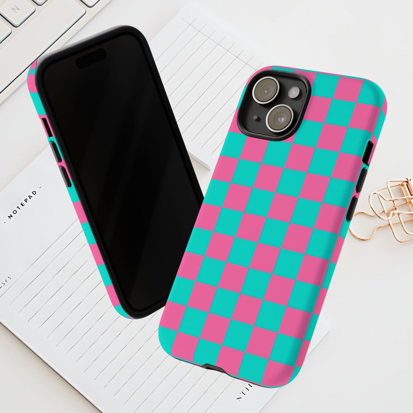 Hot Pink And Teal Checker Pattern Tough Case for iPhone, Galaxy Phones and Google Pixel