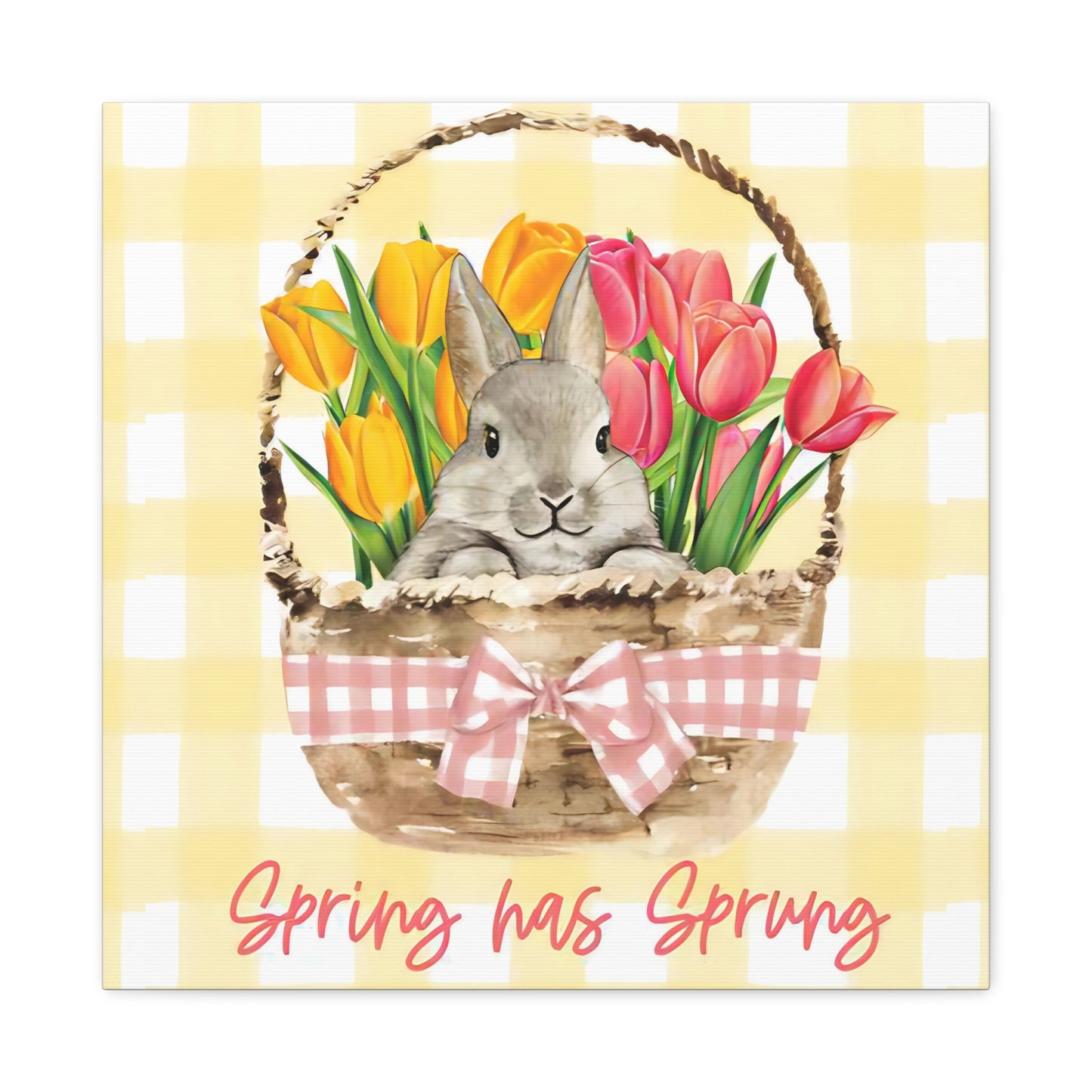 Spring Has Sprung Canvas Print, Yellow Plaid Pattern Bunny Print