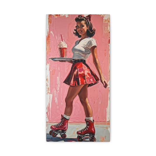 Canvas Print, Cute Vintage Car Hop Wall Decor, Girl On Skates Art, 1950's