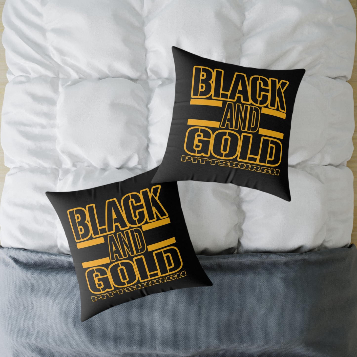 Pittsburgh Black and Gold Square Pillow Cover — Bold Typography Accent Cushion for Home & Game Day