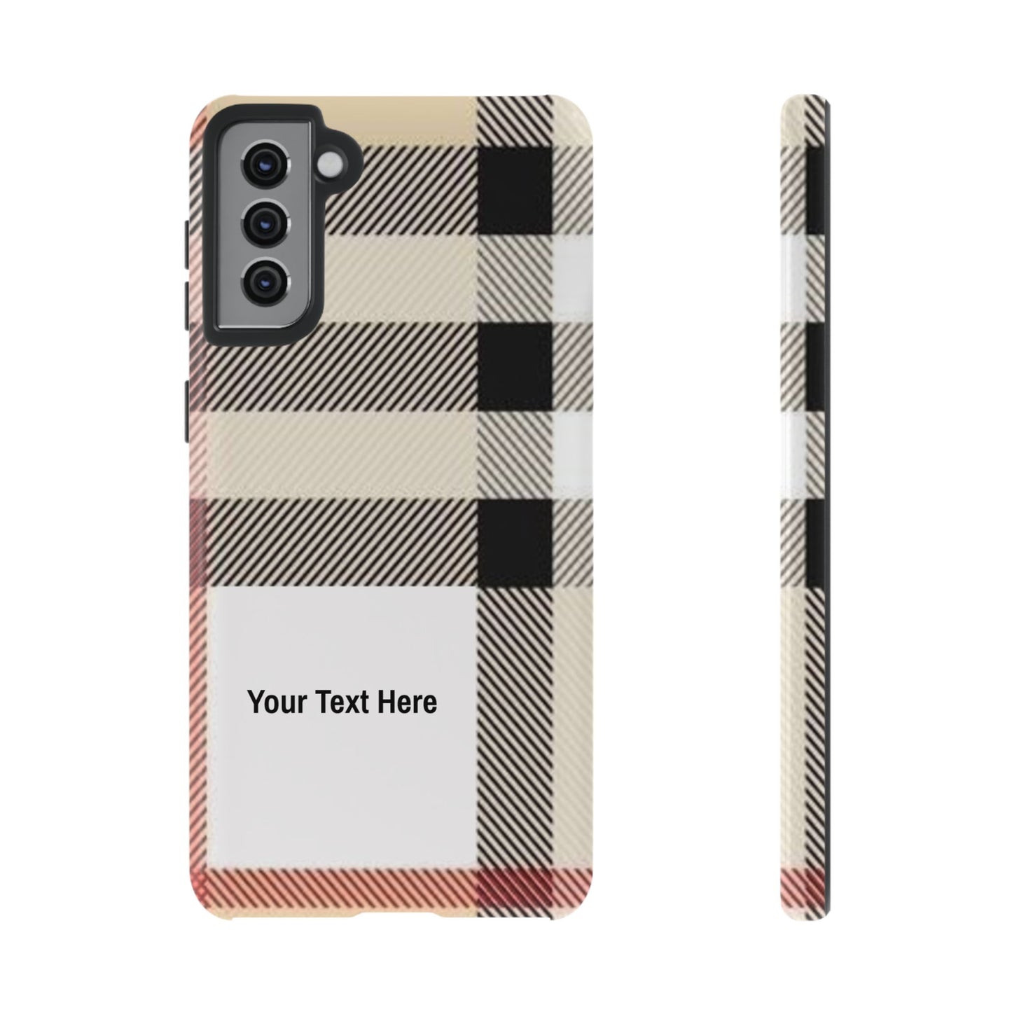 Beige Plaid Personalized Name/Initial Tough Cases For iPhones, Galaxy And Google Pixel