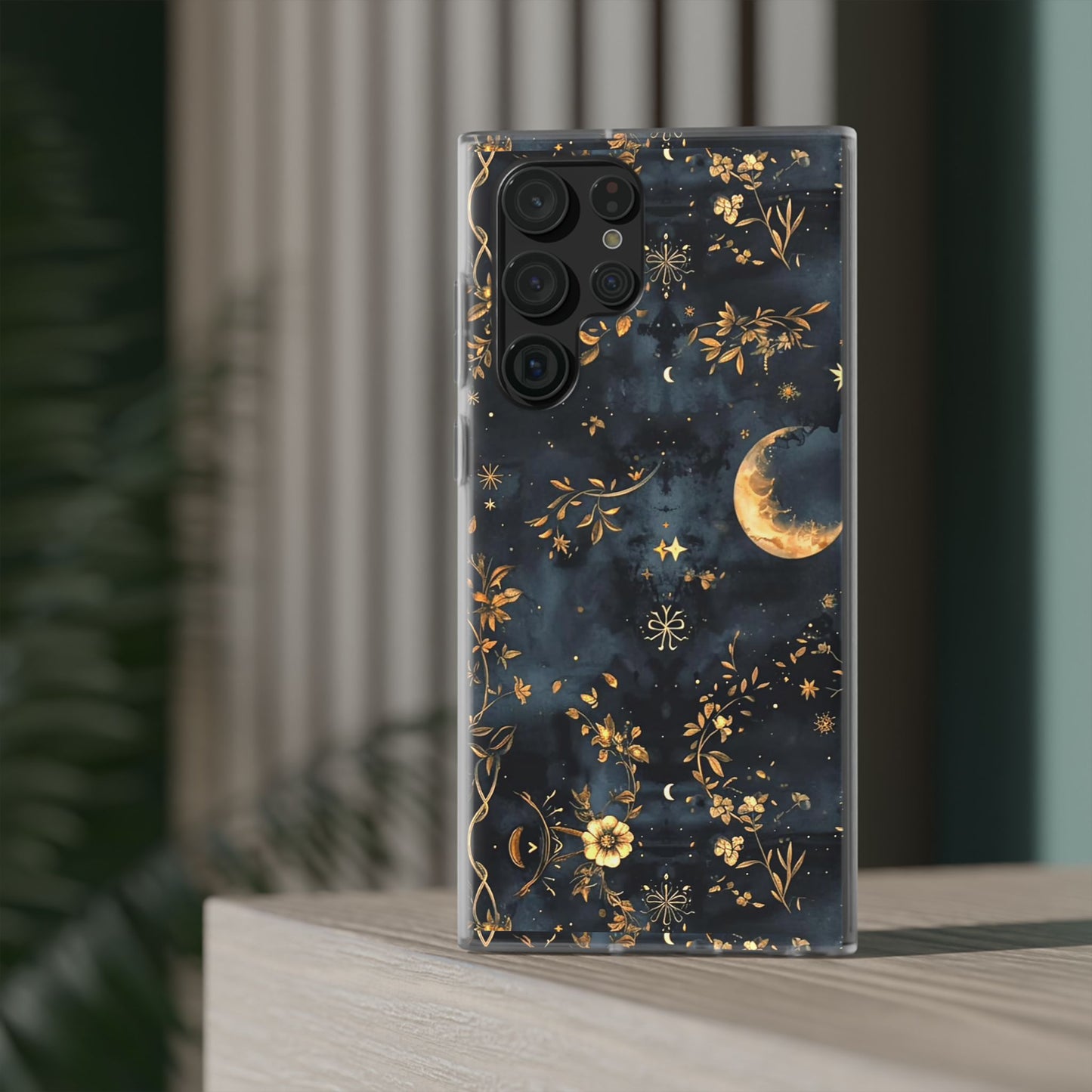 Moon And Flowers On Navy TPU Flexi Cases For iPhones and Samsung Galaxy