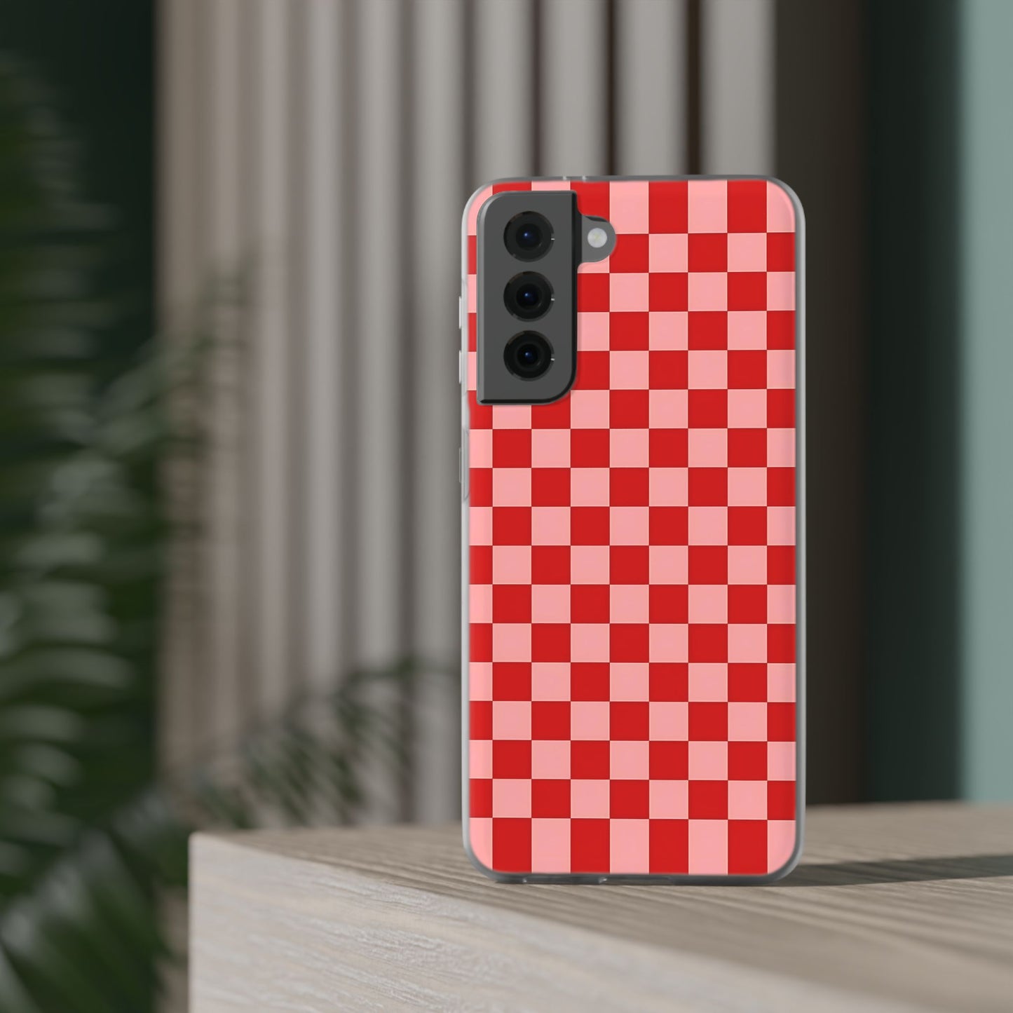 Red Checkerboard TPU Soft Flexi Phone Case — Retro Red & Pink Plaid Protective Cover