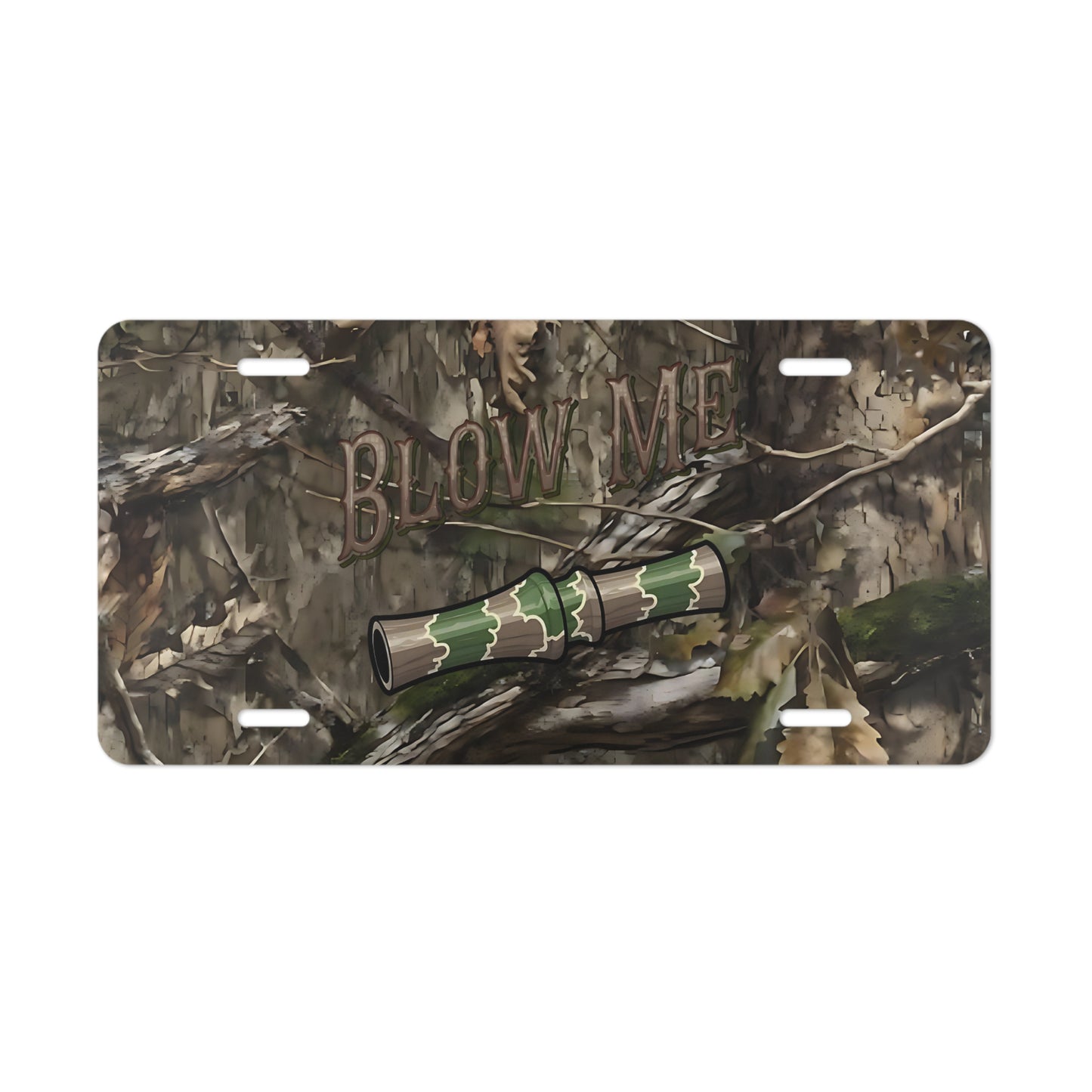 Duck Call Vanity License Plate, Blow Me Duck Hunting Camo Design