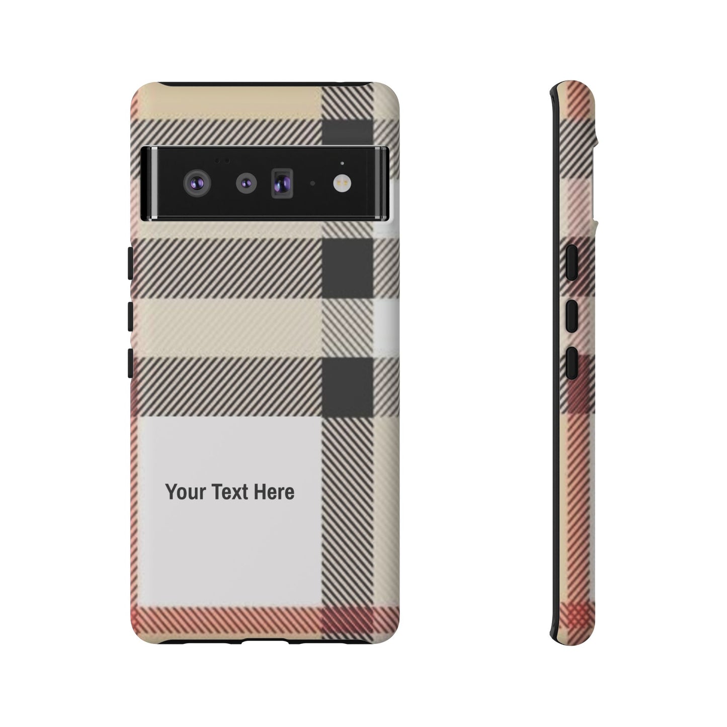 Beige Plaid Personalized Name/Initial Tough Cases For iPhones, Galaxy And Google Pixel