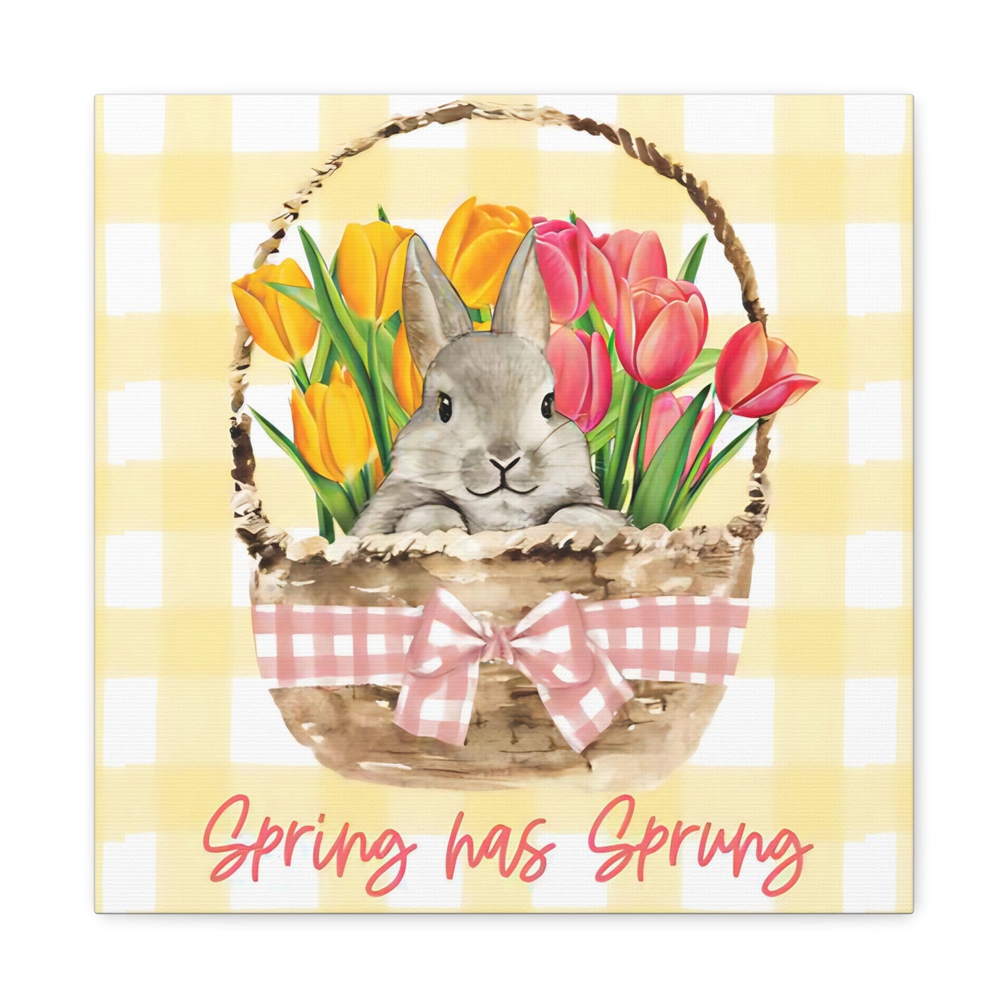 Spring Has Sprung Canvas Print, Yellow Plaid Pattern Bunny Print