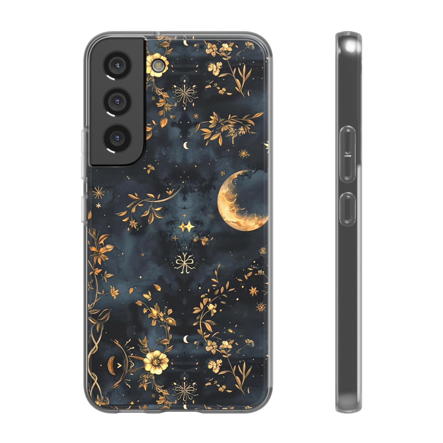 Moon And Flowers On Navy TPU Flexi Cases For iPhones and Samsung Galaxy