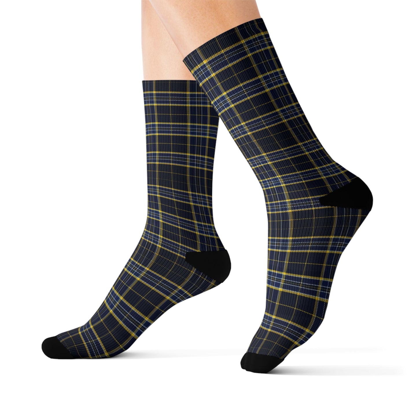 Navy Yellow Plaid Sublimation Socks | Tartan Pattern Crew Socks